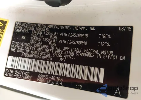 2015 Toyota Highlander Le Plus V6 from USA, damaged, VIN 5TDBKRFH6FS199078